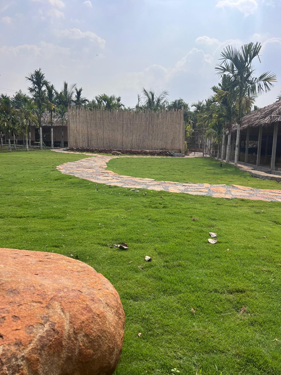 Thatched pavilion with palm trees