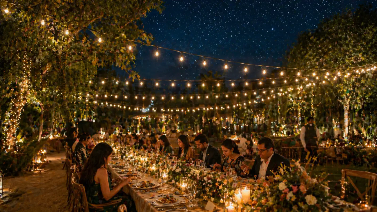 Evening dinner under string lights on the lawn at Arekas Arena, an engagement venue near Yelahanka, Bangalore