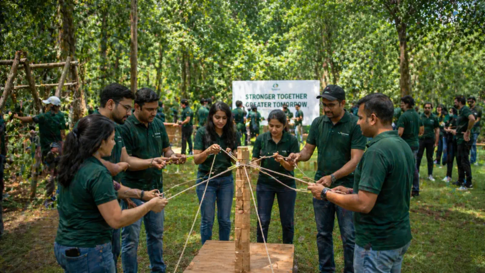 Team-building activity on the lawn at Arekas Arena, a corporate offsite venue near Yelahanka, Bangalore