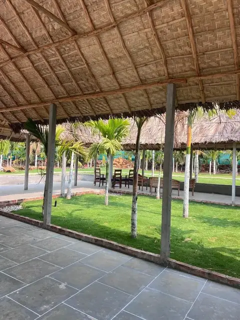 The bamboo dining pavilion at Arekas Arena