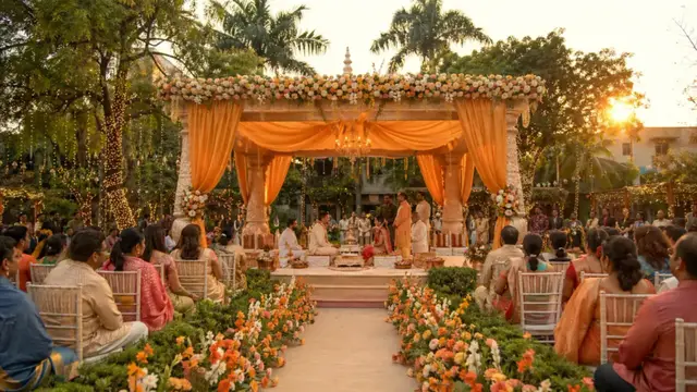 Wedding mandap with flowers and lights at Arekas Arena